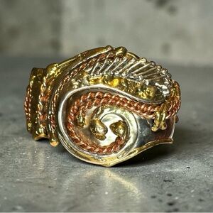 VINTAGE ARTISAN 1970s Brutalist Mixed Metal Bangle Cuff Bracelet, Adjustable